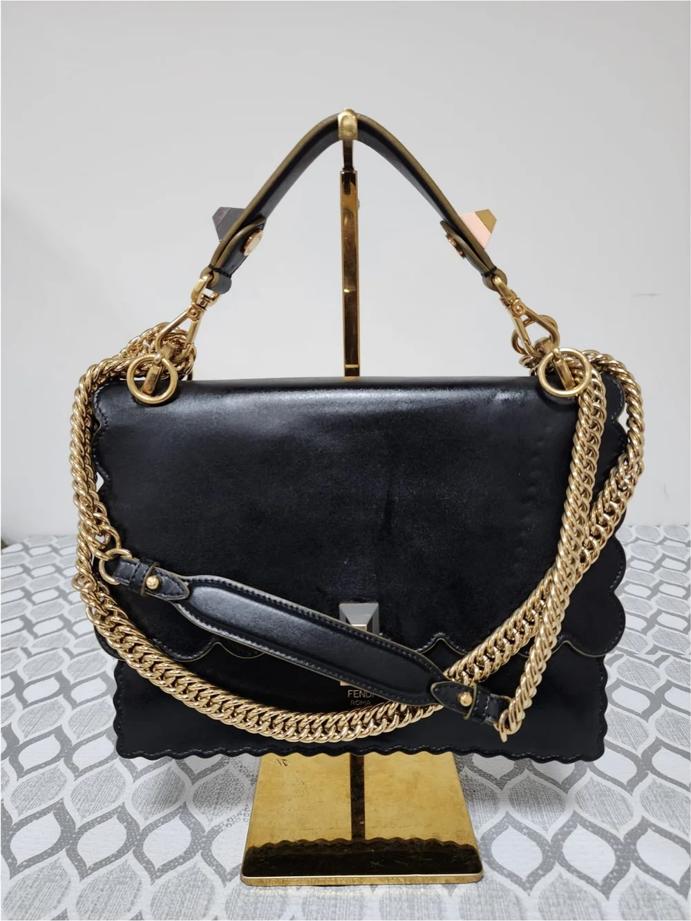 FENDI Vitello Liberty Scalloped Studded Kan I Shoulder Bag Black